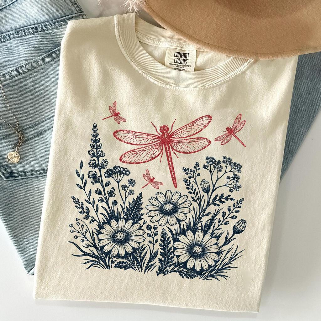 Dragonfly Wildflower Shirt, Botanical Insect Shirt, Cottagecore Nature Lover Tee, Floral Garden Gift