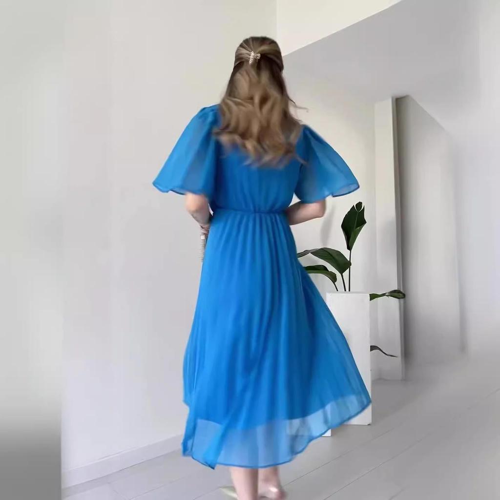 2024 Sommer Damen Einfarbiges V-Ausschnitt Taillenband Schlankmachendes Kleid