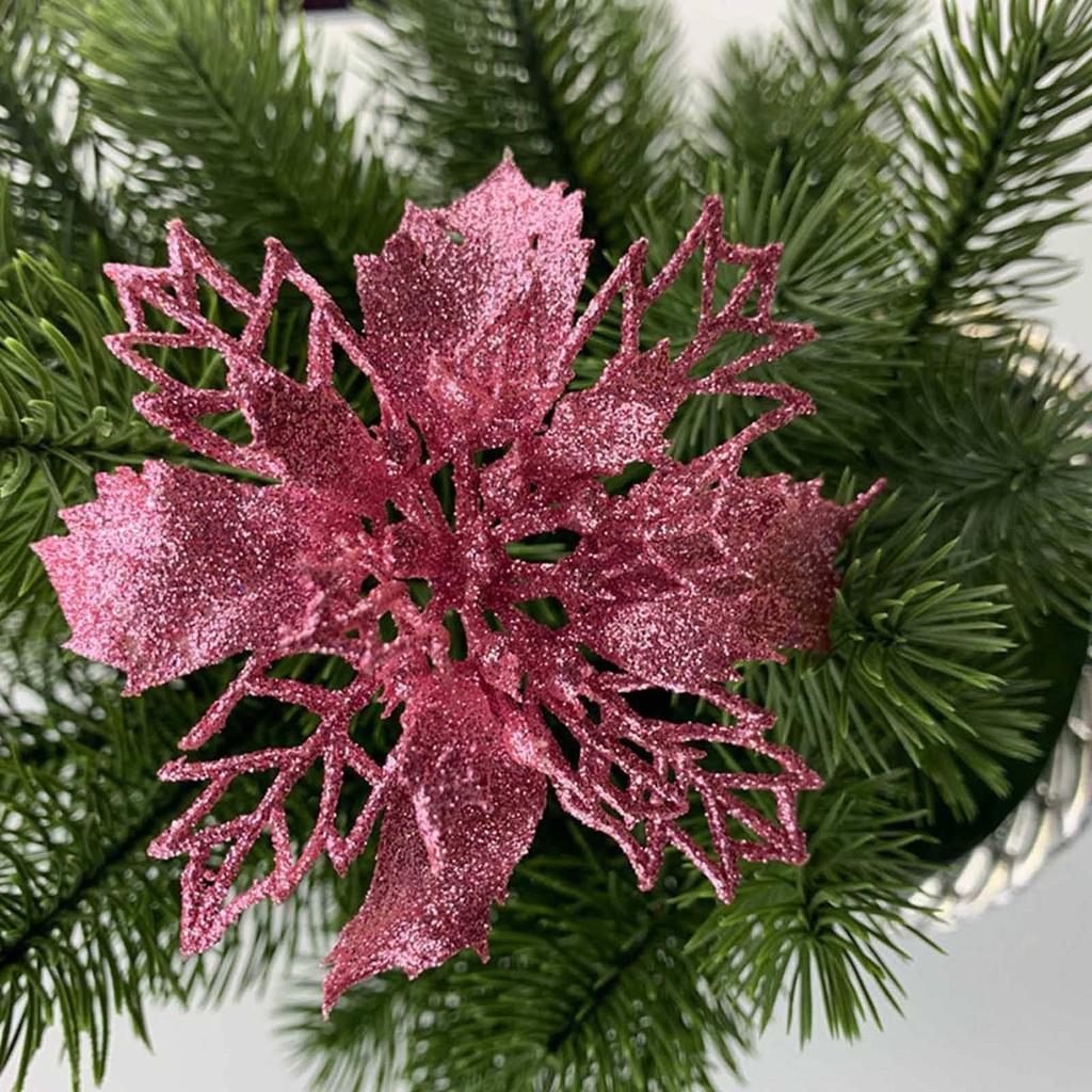 Set Of 10 Pcs Christmas Poinsettia Flowers Ornaments Glitter Floral Accessories Xmas Wreath Tree Decorations For Party Home Wedding