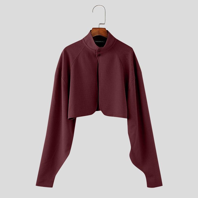 

INCERUN Мужские топы с воротником-стойкой и длинными рукавами, асимметричные укороченные футболки 2XL вино красного