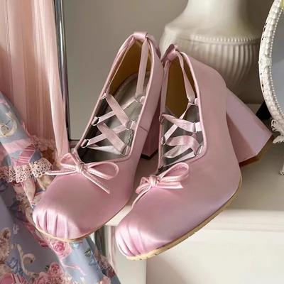Automne 2024 Nouveaux Talons Hauts en Ruban Satiné French Maiden Papillon à Lacets Mary Jane Chaussures Simples Grande Taille 35-43