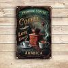 Vintage Metal Coffee Art Sign - Premium Arabica Espresso & Latte Wall Decor with Espresso Machine & Coffee Beans Illustration