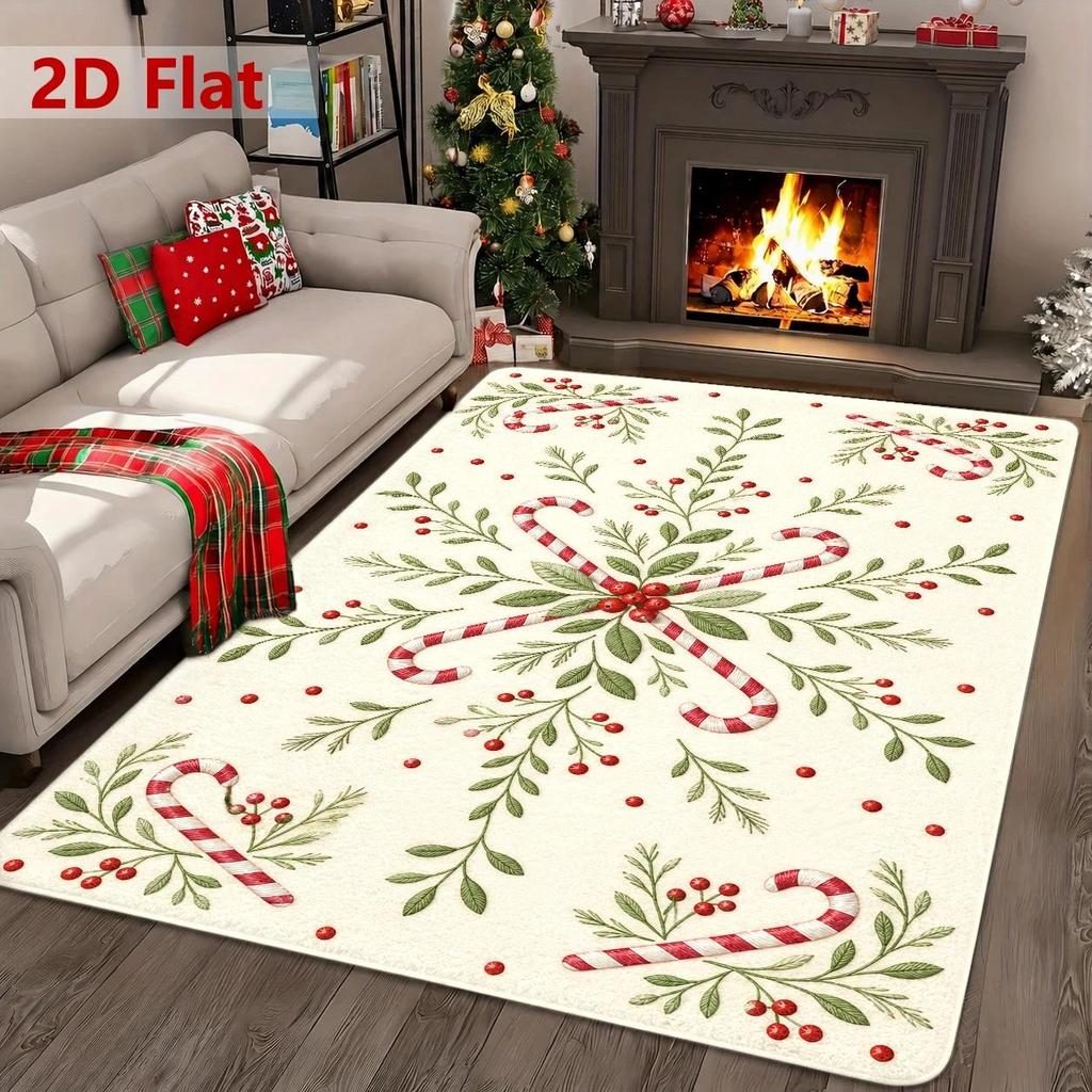 2D Flat Christmas Rug with Flower & Candy Cane Pattern, Festive Soft Durable Decor Mat for Indoor & Outdoor