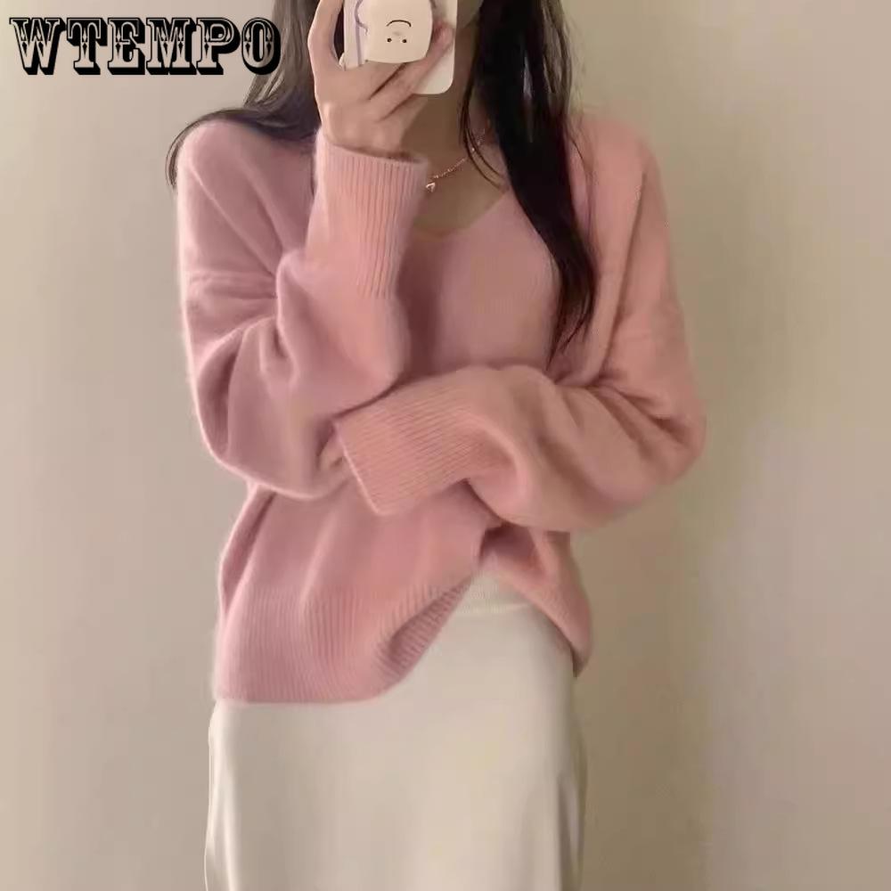 V-neck Knitted Sweater for Women Thick Autumn and Winter Loose and Fashionable Sweater Casual Long-sleeved Pullover