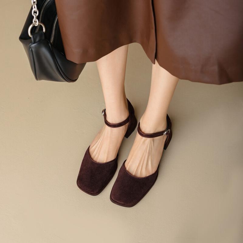 Fashion NEW Summer/Autumn Women Sandals Square Toe High Heels Cover Heel Shoes Women Sheep Suede Women Sandals Concise Retro Mary Janes