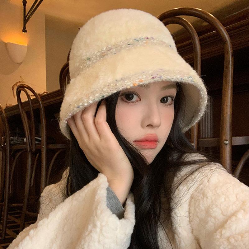 Winter Mixed Color Splicing Plush Simple Bucket Hat Outdoor Casual Versatile Warm Ear Protection Fashion Basin Cap For Women'S