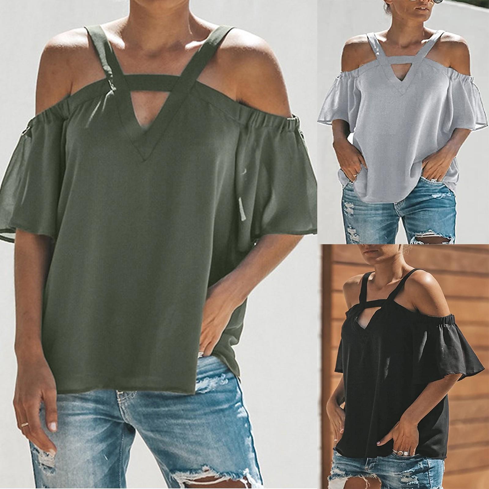 

Мода женщин случайный твердый цвет V-Neck Strapless слинг короткие рукава Топы