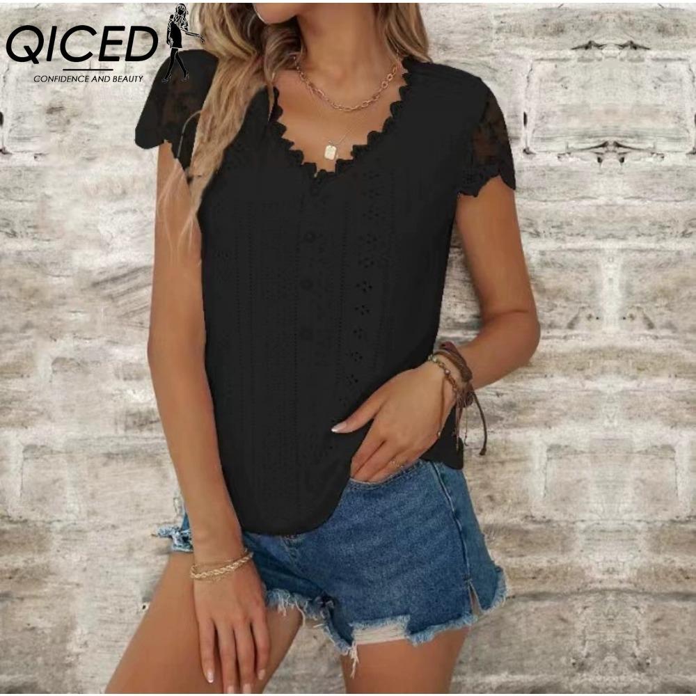 

QICED Женская Мода Повседневные Однотонные Блузки и Рубашки с Коротким Рукавом и V-образным Вырезом XXXL чёрный