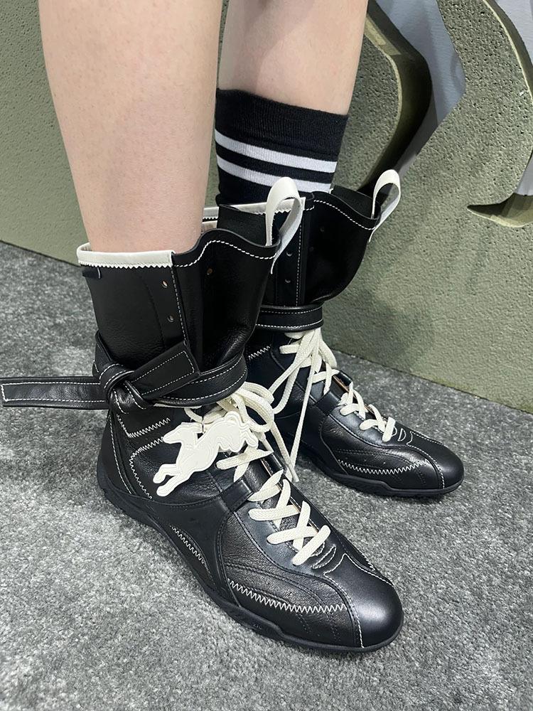 Cowhide Version~ Flat Bottom Inner Height Increase Martin Boots Women's 2025 New Boxing Boots Matte Leather Lace-up Short Boots German Training Boots