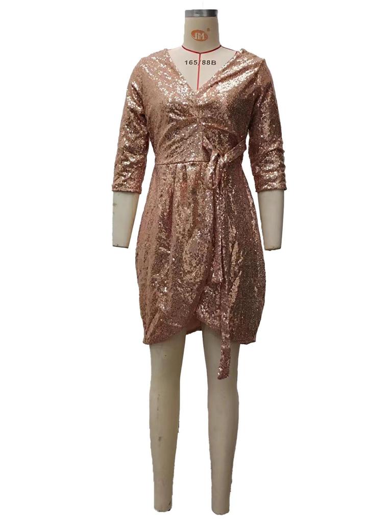 2025 Summer Sexy Women's Sequined Lace-up V-Neck Dress with Three-Quarter Sleeves