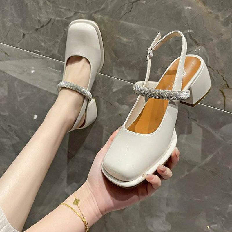 Rhinestones Square Toe With Medium Heels Closed Sandals for Women The Best Sales High Quality 2025 Luxury Woman Mary Jane Shoes