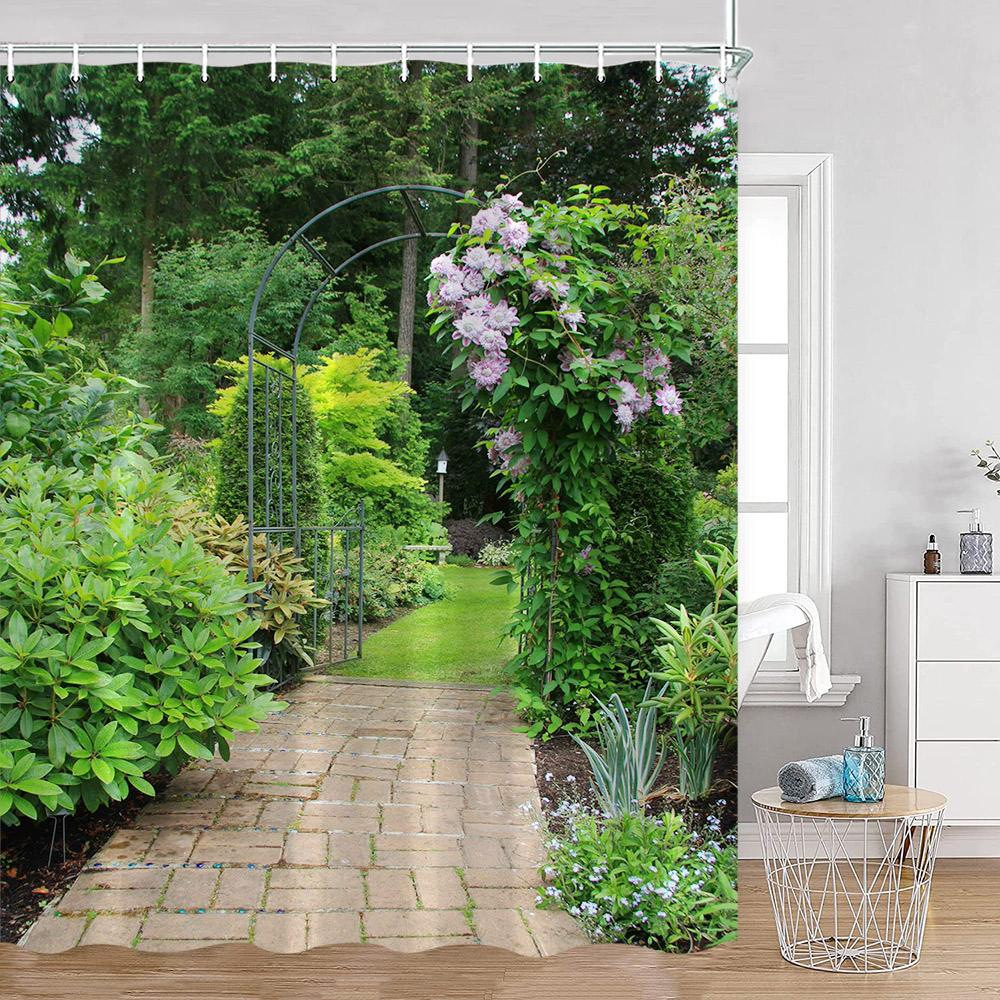 Garden Path Shower Curtains Pink Flowers Green Vines Forest Lane Bathroom Deecorations Nature Polyester Bath Curtains with Hooks