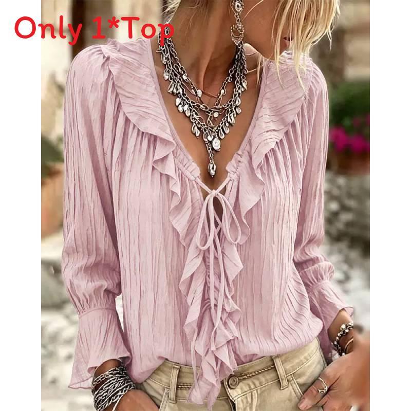 Polyester Blouse With Ruffle Hem And Long Sleeves For Office Wear