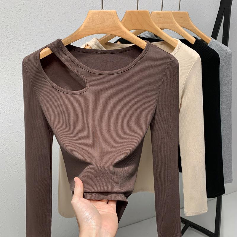 Single Piece Thread Base Shirt for Women New Women's Solid Color Round Neck Long Sleeve T-shirt with Sexy Hollow Shoulder Top
