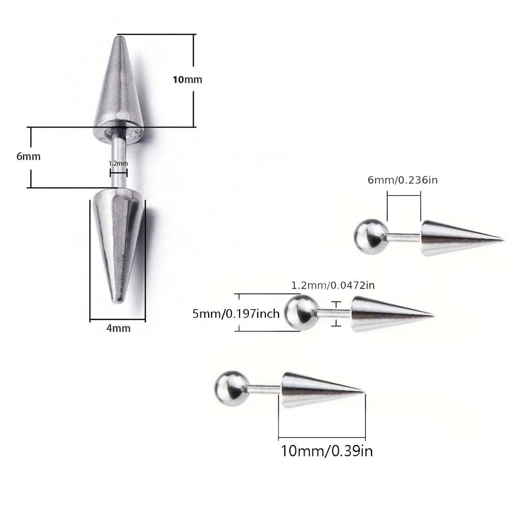 Set da 3 Pezzi Moda Classica Punk Rock Borchie Punte Coniche Acciaio Inossidabile 316L Orecchini a Lobo Uomo Donna Piercing Gioielli per il Corpo