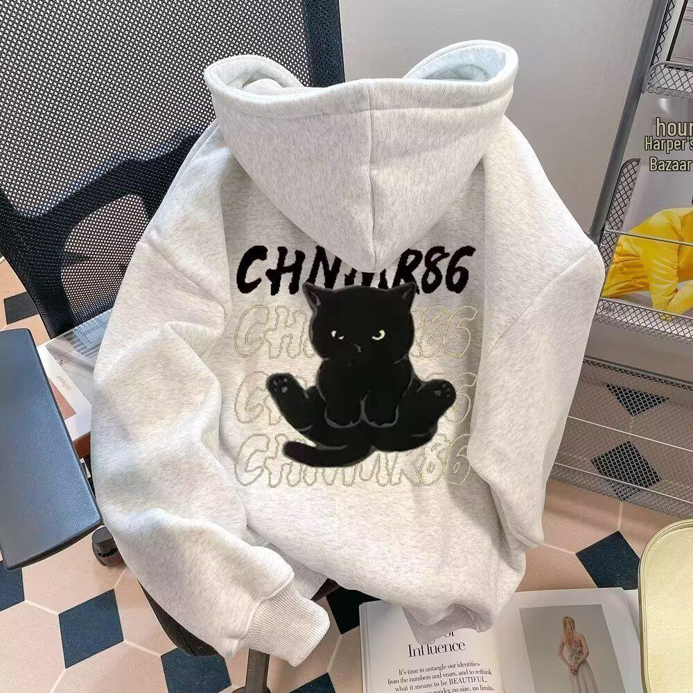 Men's Cat Print Velvet Hoodie - New Style Autumn/Winter Loose Pullover