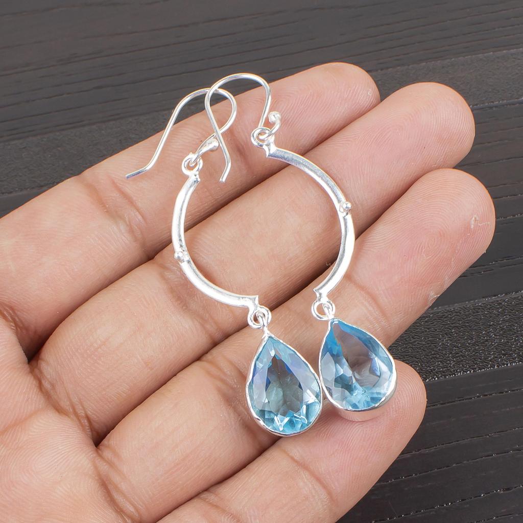 Sky Blue Topaz Gemstone Silver Jewelry, 925 Sterling Silver Earrings, Handmade Beautiful Earrings For Wedding Gift