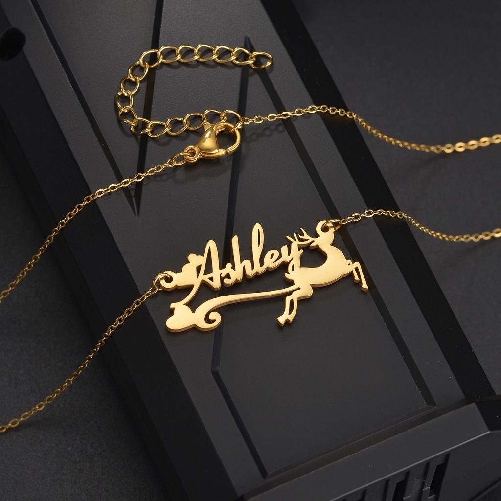 Atoztide Custom Name Jewelry Set Elk Bracelet Necklace Santa Hat Keychain Stainless Steel for Women Personalized Christmas Gifts