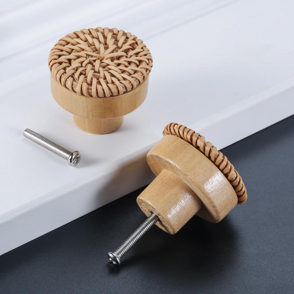 2 Stuks Rotan Houten Ladeknop Woondecoratie Handgemaakt Kastmeubilair Handgrepen Keukenkast Deurknoppen+Schroef 30/35/40/45mm