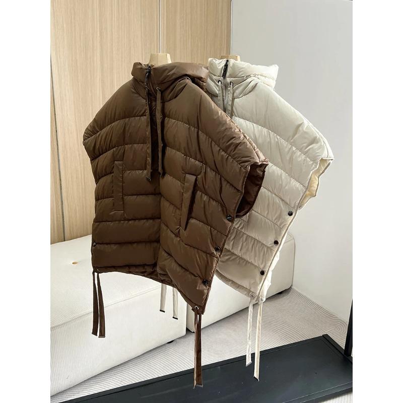 Schinteon Women Down Irregular Vest with Hood Sleeveless Jacket Solid Fashionable Autumn Winter