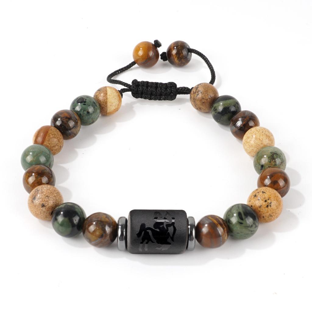 Vintage Zodiac Bracelet for Men 8mm Natural Black Onyx Tiger Eye Stone Star Sign Constellation Friendship Prayer Blessing Bracelet Gifts