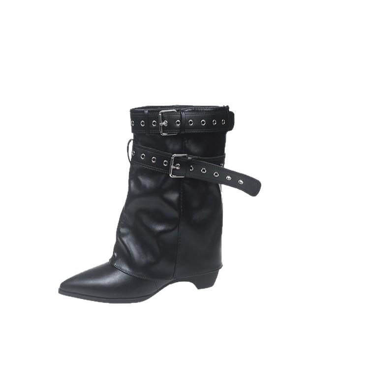 American Spice Girls~ 2025 Autumn and Winter New Belt Buckle Pants Boots Height Increasing Pointed Short Boots Women's Western Cowboy Boots