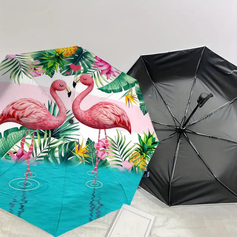 1pc Flamingo Tropical Automatic Folding Umbrella, Heavy Duty 8 Rib Iron Frame,  Suitable for Travel, Daily Use, Birthday, Decor Gift m0104045