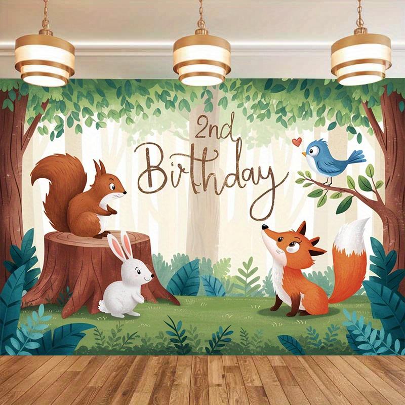 Forest 2nd Birthday Party Banner, Squirrel Rabbit Fox Polyester Backdrop for Room Wall