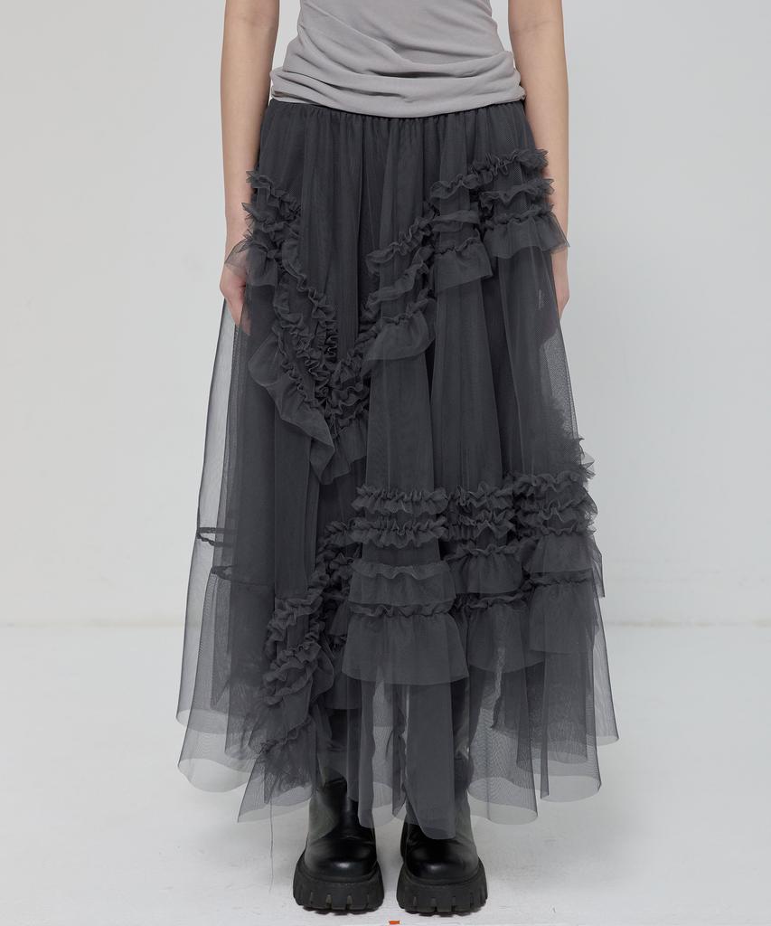 Peulleeoeob Tulle Layered Long Skirts (Fl-266_Charcoal)