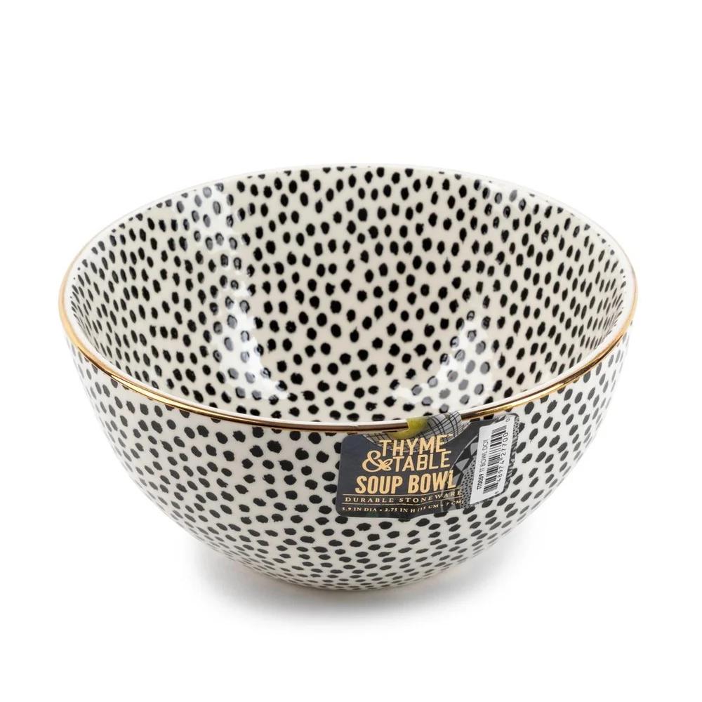 2 Pack Stoneware Bowls Dishwasher Microwave Safe Elegant Dining Essential Tableware Black White Dot Design Durable Chef