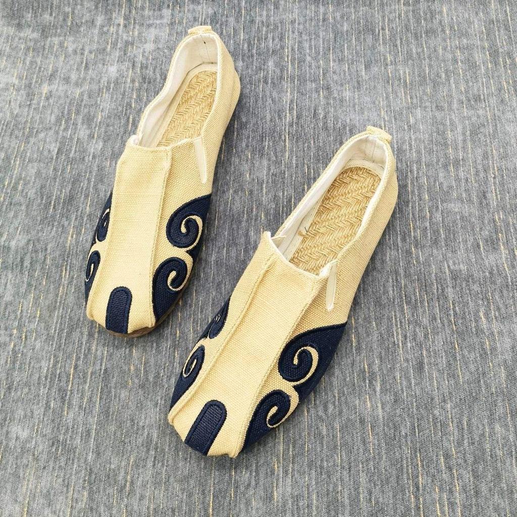 Męskie lniane buty Monk Dali, mokasyny z miękką podeszwą, wzór auspicious cloud, oddychające wsuwane, styl chiński.