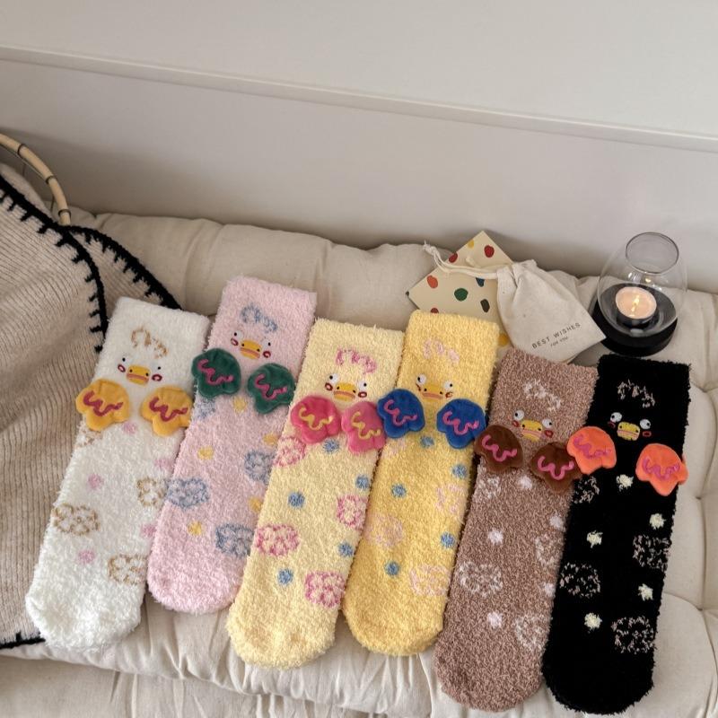 Coral fleece socks women's ugly cute doll duck cartoon socks medium tube socks fluffy plush thickened home sleeping floor socks