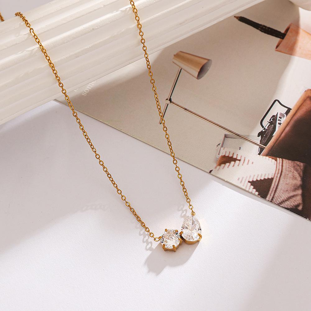 18K Gold-Plated Stainless Steel Necklace with Zircon Pendant - Simple, Fashionable, Waterproof Design for Women