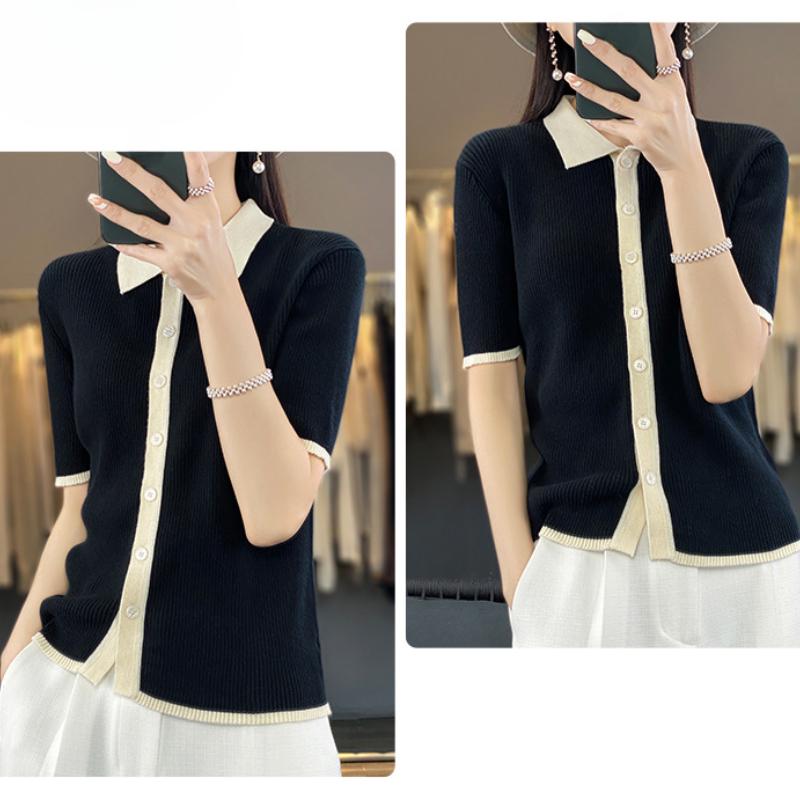 IHUASU Cotton Knitted Cardigan Short-sleeved T-shirt Women's Summer Slim Versatile Bottoming Outside Wear