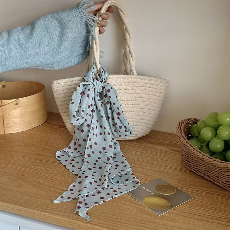 Lazy Wind Premium Retro Brown Polka Dot Long Light Luxury Tie Bag Long Hair Belt Chiffon Silk Scarf Vacation Scarf