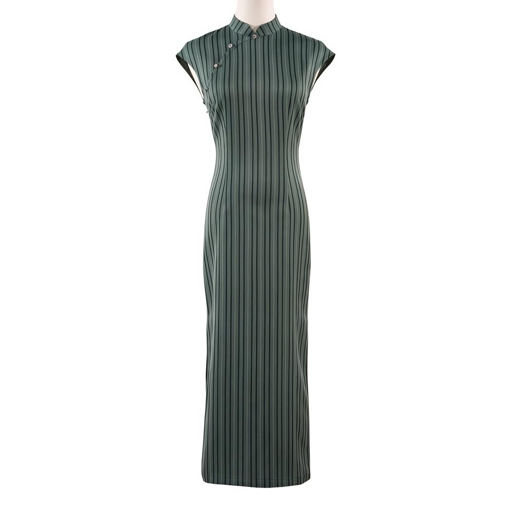 New Chinese style cheongsam 1011 summer green stripes improved literary young girls daily dress
