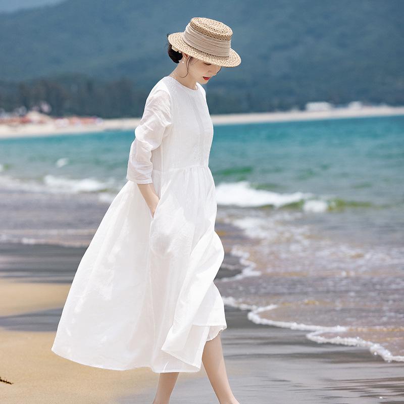 High-End Cotton Linen Embroidered A-Line White Dress - Women s Fairy Style M