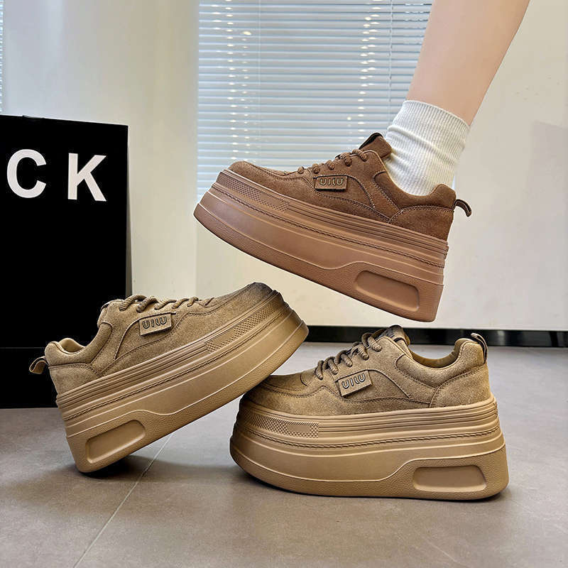 Vintage Maillard Lace-up Casual Shoes Autumn New Matte Small Thick-soled Heightening Muffin Shoes Women