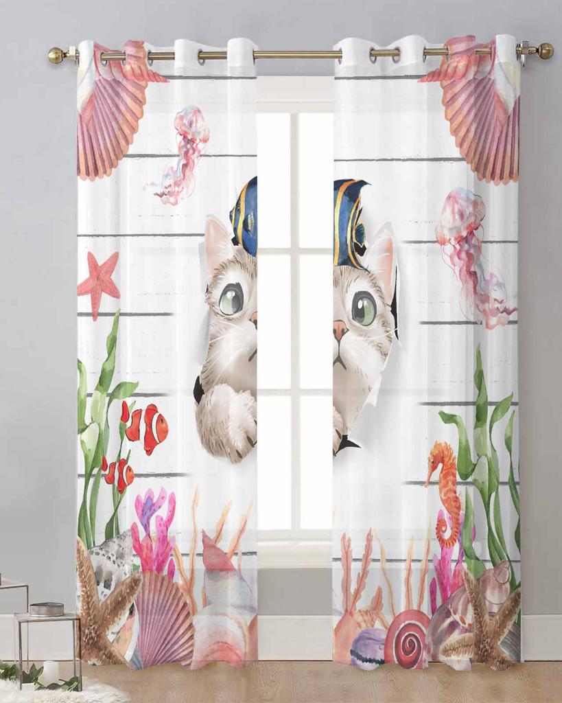 Kot Ocean Meduza Koral Rozgwiazda Przezroczyste Zasłony do Dekoracji Salonu Zasłony Okienne Zasłony Tiulowe Woalowe Kuchenne