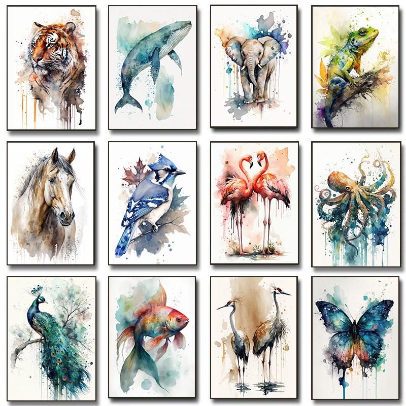 Safari Animals Watercolor Posters Colorful Children Prints Rainbow Animal Canvas Painting Wall Art Pictures Home Kids Room Decor