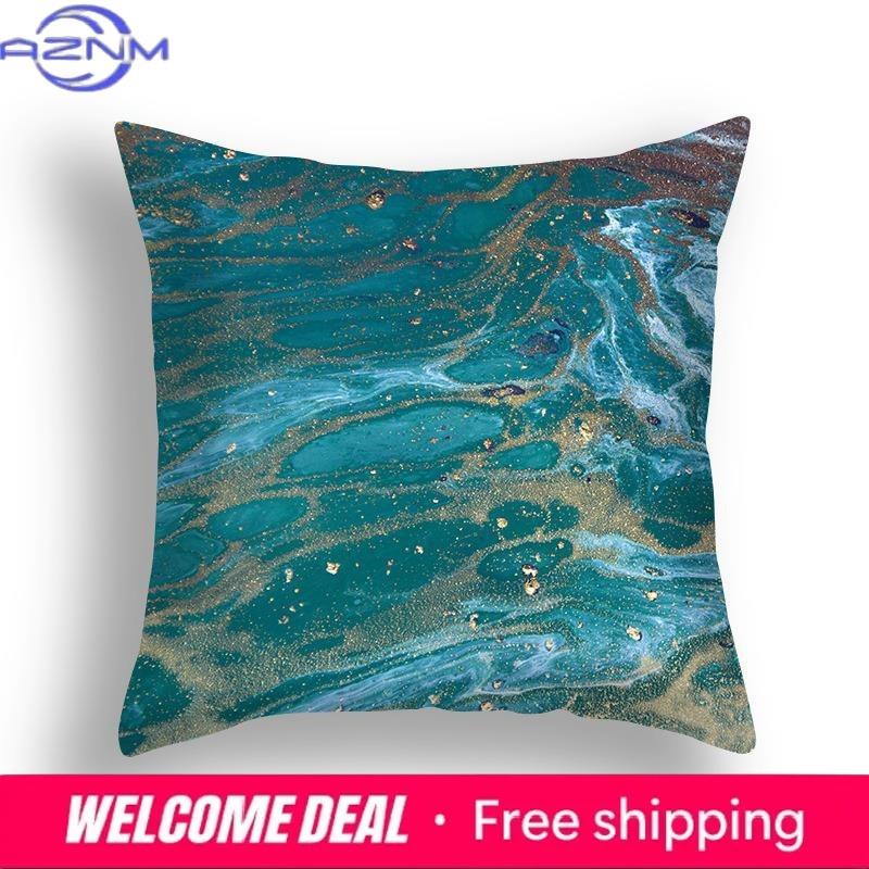 Blue Marble Cushion Cover 45X45Cm Sea Rock Pattern Sofa Pillow Square Abstract Leaf