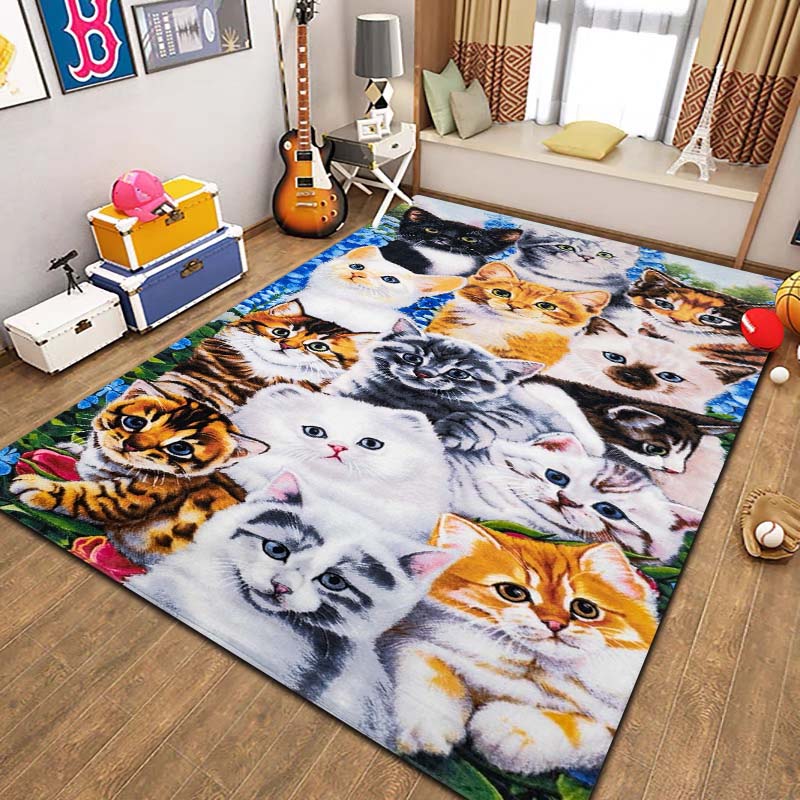 Cute Cartoon Cat Pet Animal Print Flannel Area Rug Non‑Slip Soft Floor Mat For Couch Bedroom Living Room Indoor Home Decor Gift