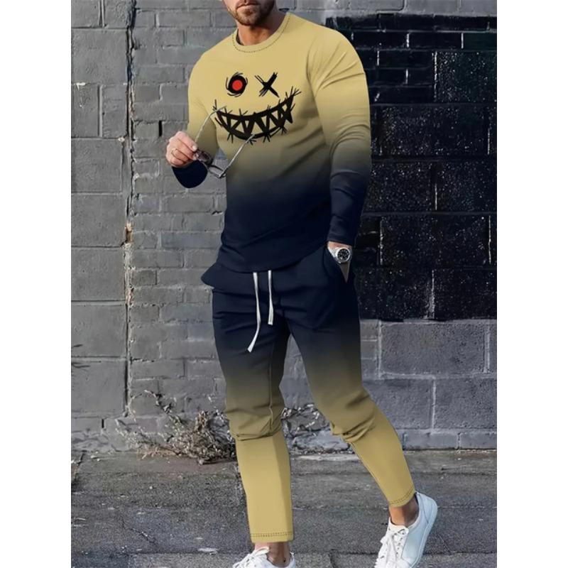

Осенний мужской спортивный костюм, мужская футболка с длинными рукавами, костюм с длинными брюками, стеганый ретро-принт, повседневные уличные топы, одежда из двух частей L