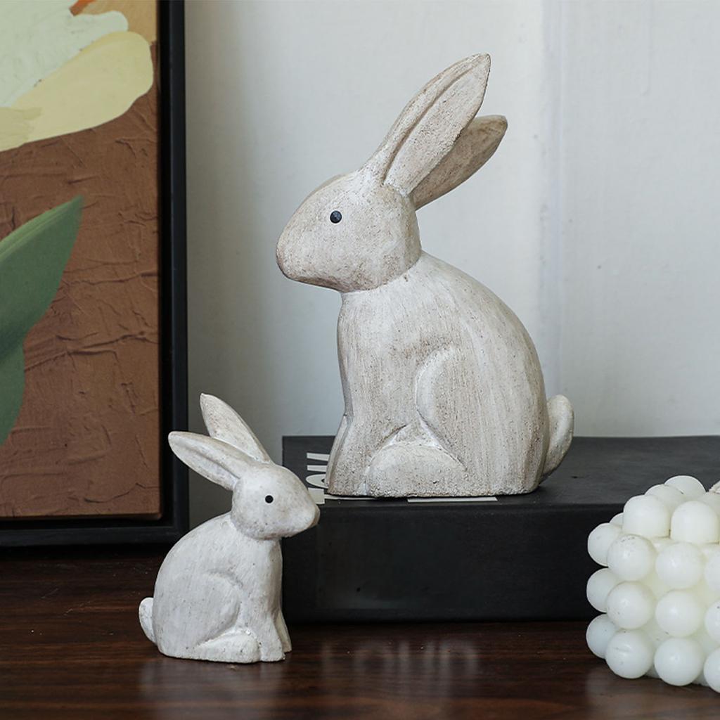 Easters Rabbit Statue Set of 2 Cute Wooden Bunnies Figurines Decors for Living Room or Bedroom Desktop Display Ornaments