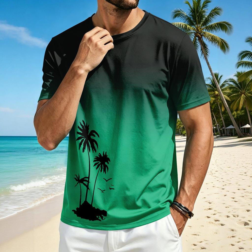 Men’s Summer Crew Neck Short Sleeve T Shirt with Hawaiian Print Casual Comfortable Fit Lightweight Top