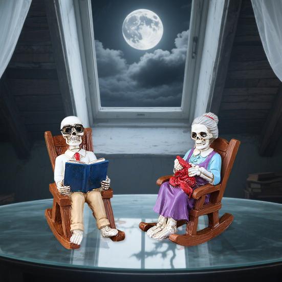 Yousheng 2 Pcs Halloween Rocking Chair Skeleton Elderly Statues Small Reading Knitting Skeleton Figurine Resin Craft for Courtyard Lawn Porch Decor