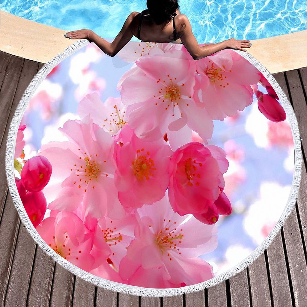 Beautiful Peach Blossom Round Beach Towel with Tassel,Microfiber Sand Free Quick Dry Botanical Floral Circle Bath Towel Yoga Mat