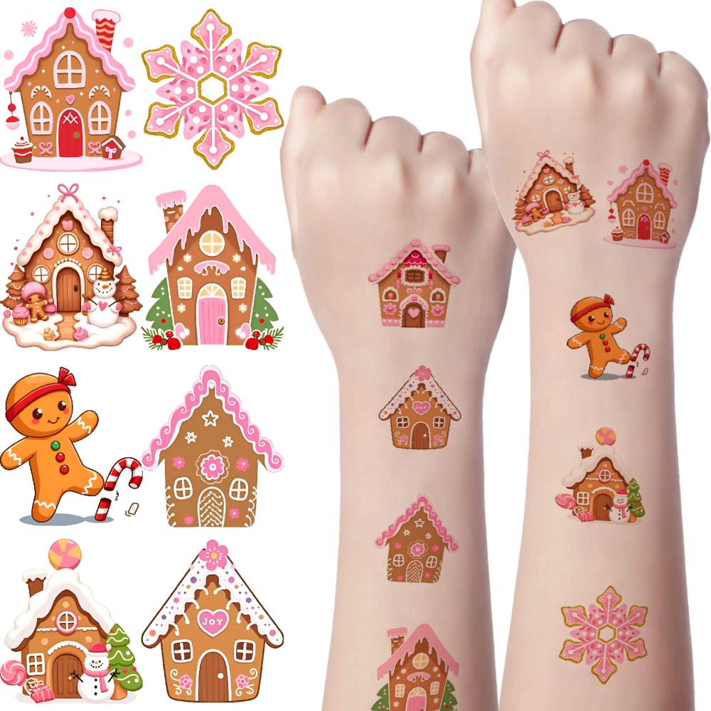 54pcs Temporary Tattoo Gingerbread Man Waterproof Long-lasting Body Stickers Gingerbread Character Gingerbread House Cartoon