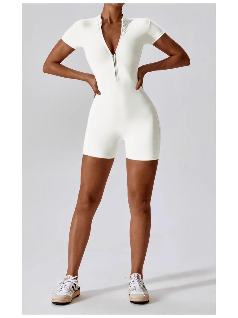 Women's Summer Zipper Short Sleeve Yoga Bodysuit Jumpsuit