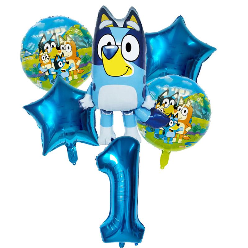 6 Stück Familie Bluey Aluminiumballon Cartoon Bingo Aktivität Spielzeug Blau Gold Stern Ballon Dekoration Sammlung Geburtsdatum Feier Babyparty Zubehör